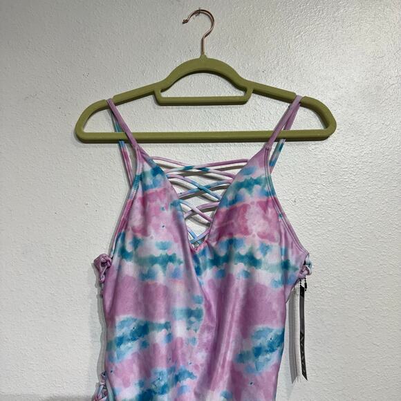 XOXO Pink Tie Dye One-Piece Plunge Swimsuit Sz XL NWT - Picture 2 of 11